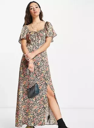 Satin Ruched Sweatheart Midi Dress In Ditsy Floral