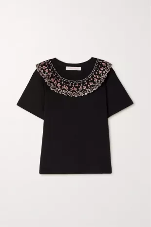 Scalloped embroidered cotton-jersey T-shirt