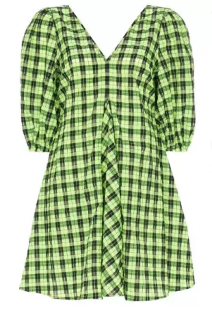 Check Puff-Sleeve Dress