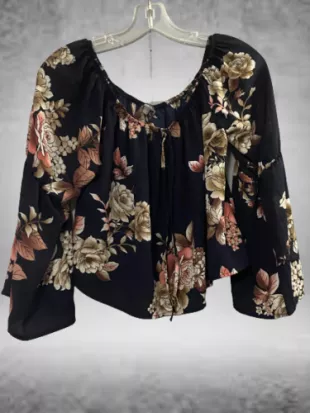 Black with Floral Print Long Sleeve Boho Cropped Top