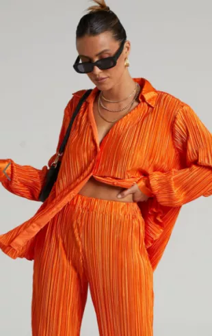 Beca Plisse Button Up Shirt in Bright Orange