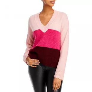 Womens Colorblock Knit V Neck Pullover Sweater