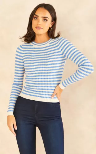 Knitted Ribbed Jumper In Blue And White Stripe