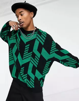 Oversized sweater with geo design-Green