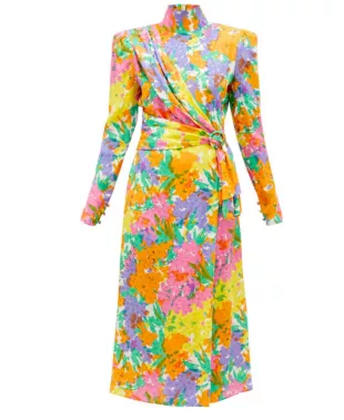 Draped Floral Print Jacquard Midi Dress