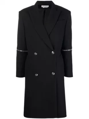 Double Breasted Zip Detailed Wool Coat