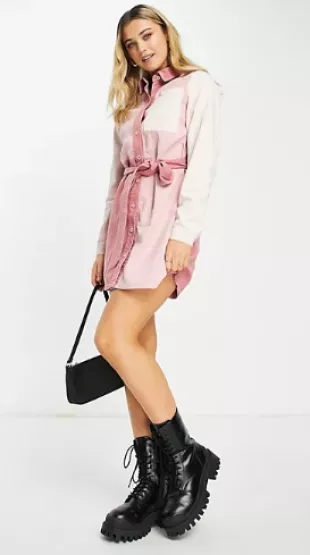 Color Block Pocket Detail Shirt Dress in Pink