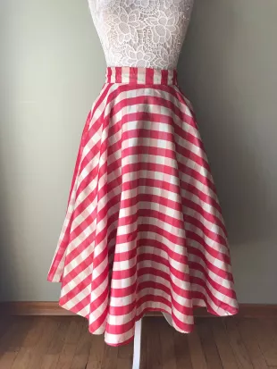 Mid Century Vintage Red & White Plaid Taffeta Reversible Circle Skirt