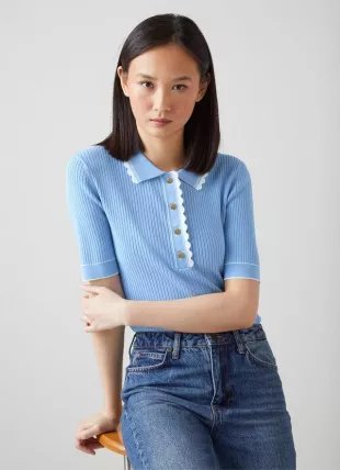 Maeve Blue And Cream Scallop Knit Top