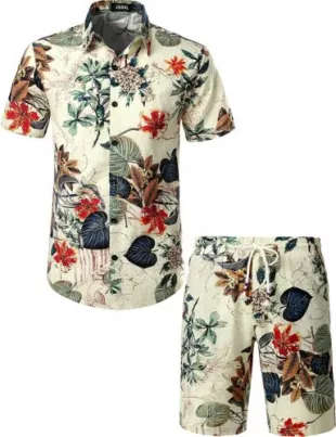 jogal - Men's Flower Casual Button Down Short Sleeve Hawaiian Shirt Suits