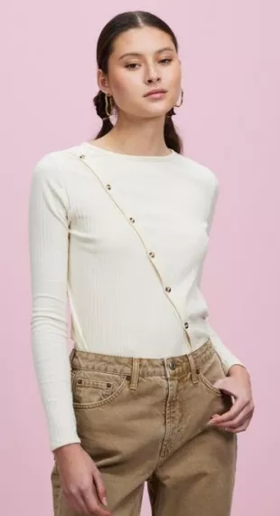 White Ribbed Asymmetric Button Detail Top