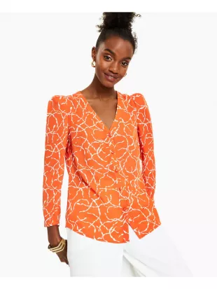 Womens Orange Sheer Pouf Shoulder Printed Long Sleeve V Neck Blouse