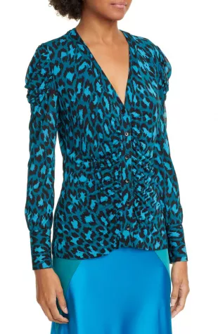 Gladys Ruched Sleeve Leopard Print Blouse