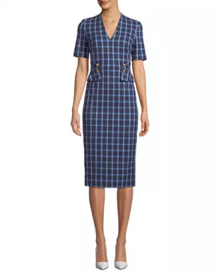 V-Neck Short-Sleeve Windowpane Sheath Dress