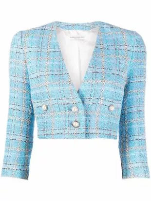 pearl-embellished cropped tweed jacket - Blue