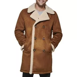 Men's Faux Shearling Midlength Overcoat, Cognac, Large