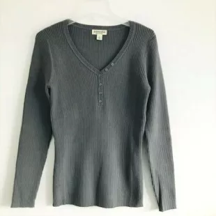 Gray Ribbed V Neck Sweater