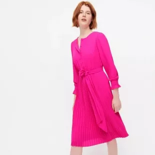 J. Crew - Tie-Front Pleated Dress in Neon Flamingo