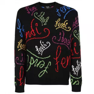 Fendi - Wool Artist Cursive Logo Allover Crewneck Sweater