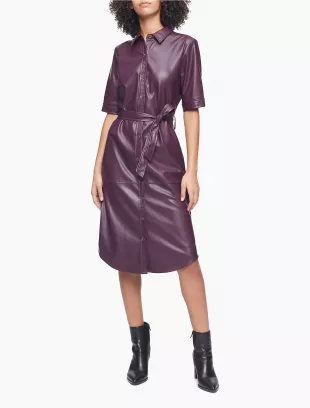 Faux Leather Short Sleeve Shirt Dress