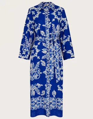 monsoon - Print Shirt Dress in Linen Blend Blue