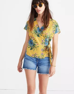Silk Side-Tie Wrap Top in Painted Blooms