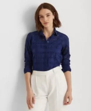 Eyelet Cotton Long Sleeve Blouse Shirt in Navy