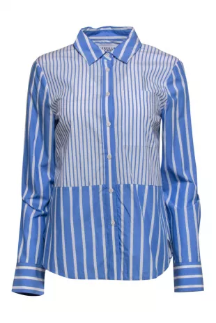 DEREK LAM 10 CROSBY - Blue & White Striped Button-Up Blouse W/ Ruffle ...