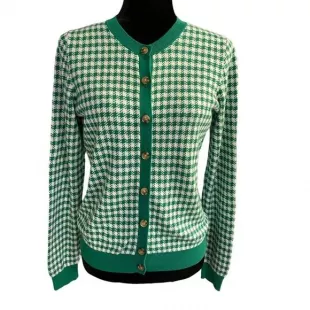 Houndstooth Button Front Cardigan Sweater Green/White