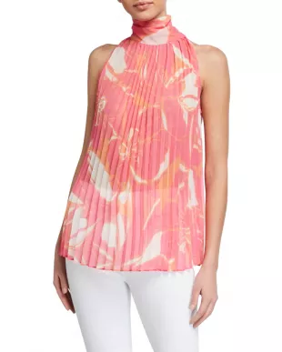 Brook Stencil Floral Print Pleated High-Neck Top