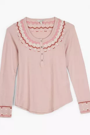 Lucky Brand Women's Embroidered Necklace Thermal Top worn by Becky