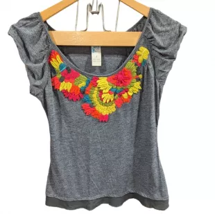 C. KEER x Anthropologie Floral Applique Short Sleeve Mesh Boho Peasant Top