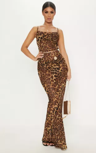 Prettylittlething - Brown Leopard Print Cowl Neck Floaty Maxi Dress