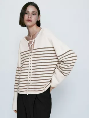 STRIPED SWEATER WITH POLO COLLAR AND STRAPS