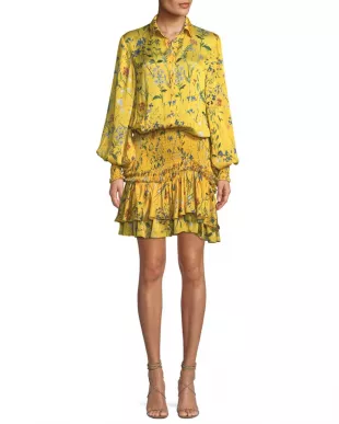 Rianna Long-Sleeve Floral-Print Satin Dress