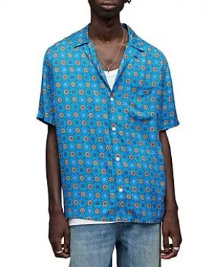Emblem Geo Print Regular Fit Camp Shirt In Blue