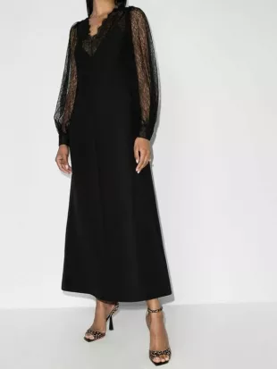 Lace Detailed Black Long Sleeved Midi Dress