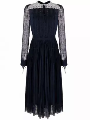 Self-Portrait - Pleated Lace-Panelled Midi Dress