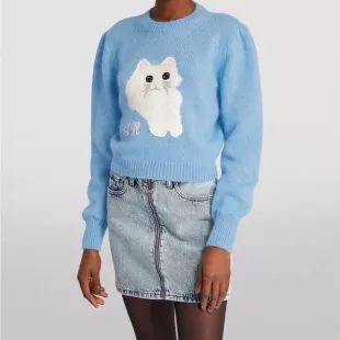 Wool Cat Intarsia Cropped Sweater