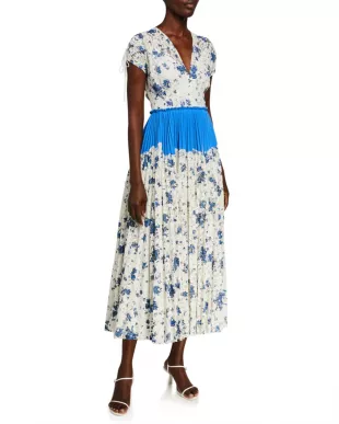 Floral Printed Corded Lace Pleated Dress