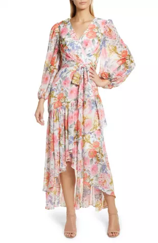 Eliza J Floral Print Tiered Ruffle High Low Dress