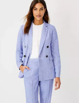 The Relaxed Double Breasted Long Blazer In Cross Weave