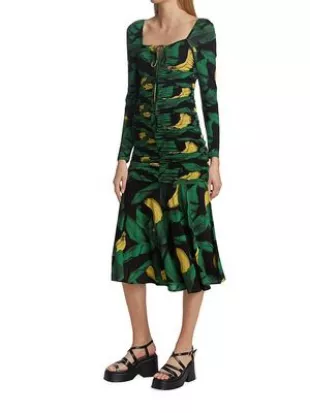 Banana Print Ruched Midi-Dress