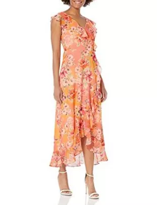 London Times - Women's Chiffon Faux Wrap Ruffle Maxi Dress Guest of  Wedding, Coral/Orange/Pink