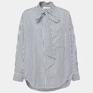 Black Striped Cotton Neck Tie Detail Oversized Shirt