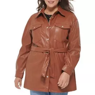 Faux Leather Belted Shirt Jacket (Standard & Plus Sizes), Camel, Medium