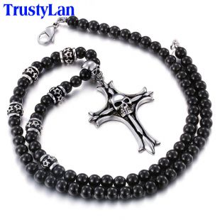 TrustyLan Mode Cool Noir Perles de Verre Collier Hommes Avec Acier Crâne Croix Pendentif Mâle Bijoux Colliers et Pendentifs 71 CM longue dans Sous vêtements de Mère Et Enfants sur AliExpress.com | Alibaba Group