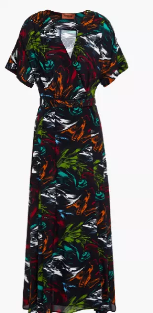 Belted Pleated Printed Crepe Maxi Dress