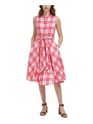 Women's Sleeveless Midi Shirt Dress with Full Pleated Skirt