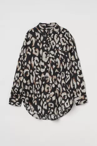 Linen Shirt - Black/Leopard Print - Ladies